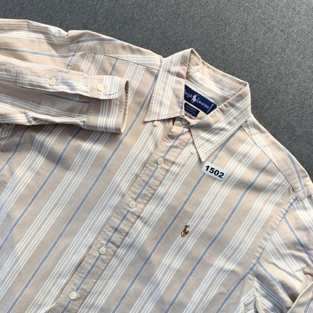 Ralph Lauren Yarmouth Mens 15.5 32 Tan Striped Cotton Button Down Shirt